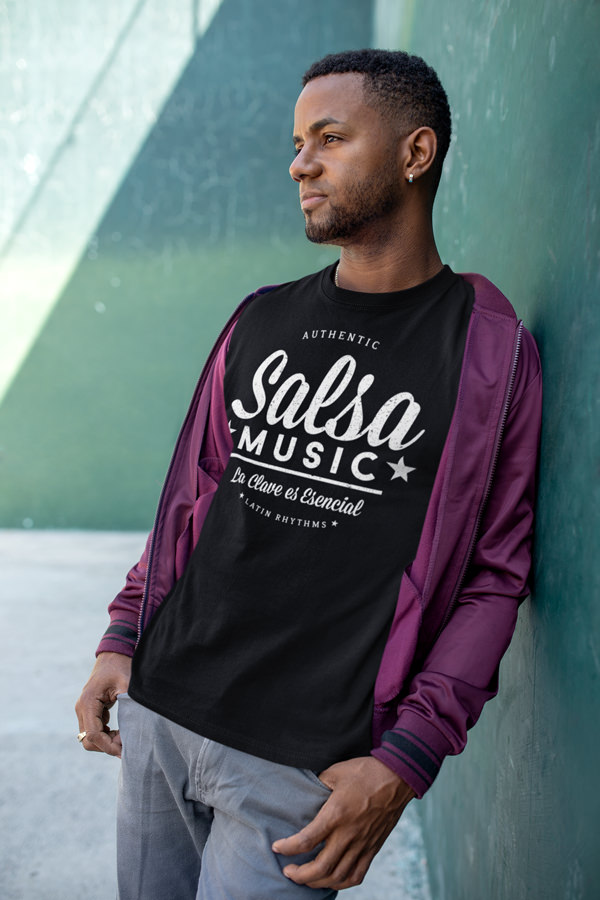 Mens T shirt Authentic Salsa Music FPO Model LifeStyle Black Front 01