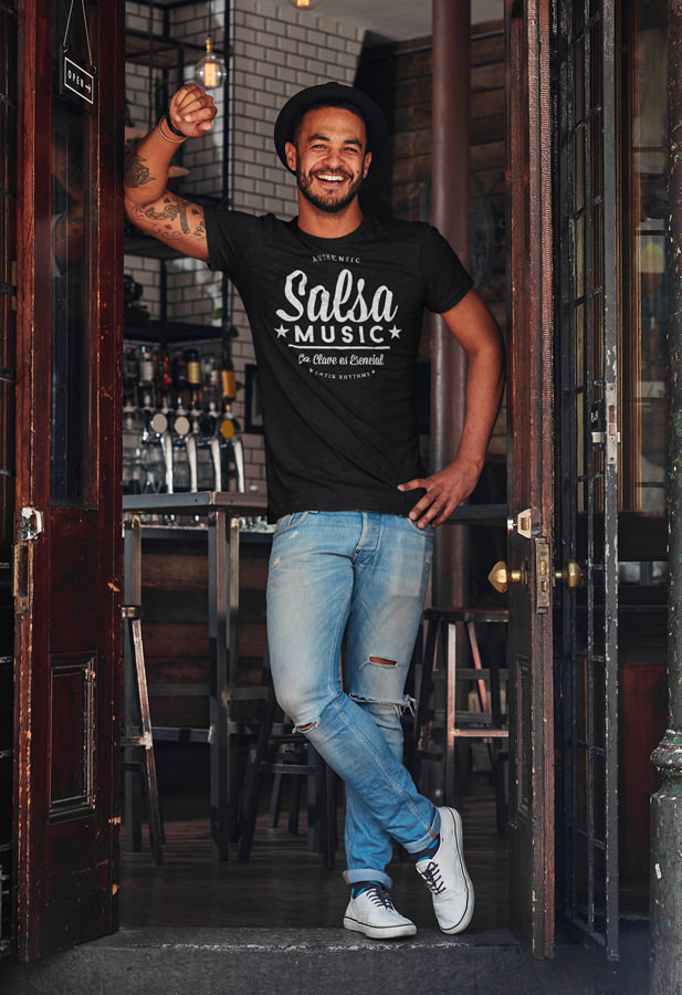 Mens T shirt Authentic Salsa Music FPO Model LifeStyle Black Front 02