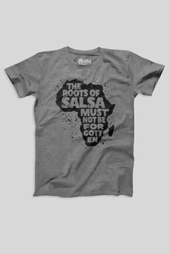 Men & Women Dance Clothing for Bachata, Kizomba, Salsa, Zouk Dancers Mens T shirt FPO The Roots Of Salsal Grey Front