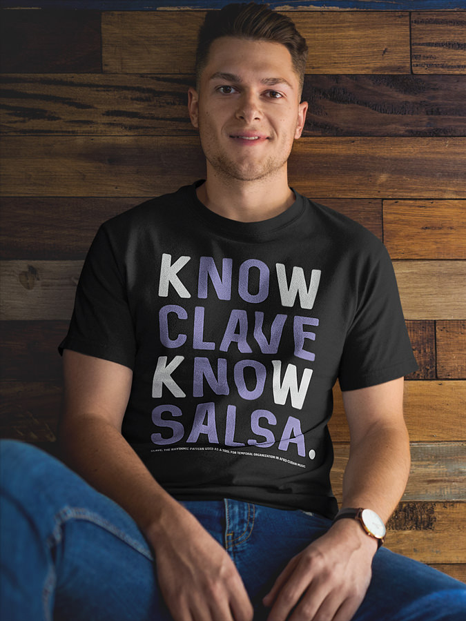 Mens T shirt KnowClaveKnowSalsa FPO Model LifeStyle Black Front 01