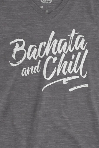 Mens T shirt FPO Bachata and Chill Grey Front Closeup