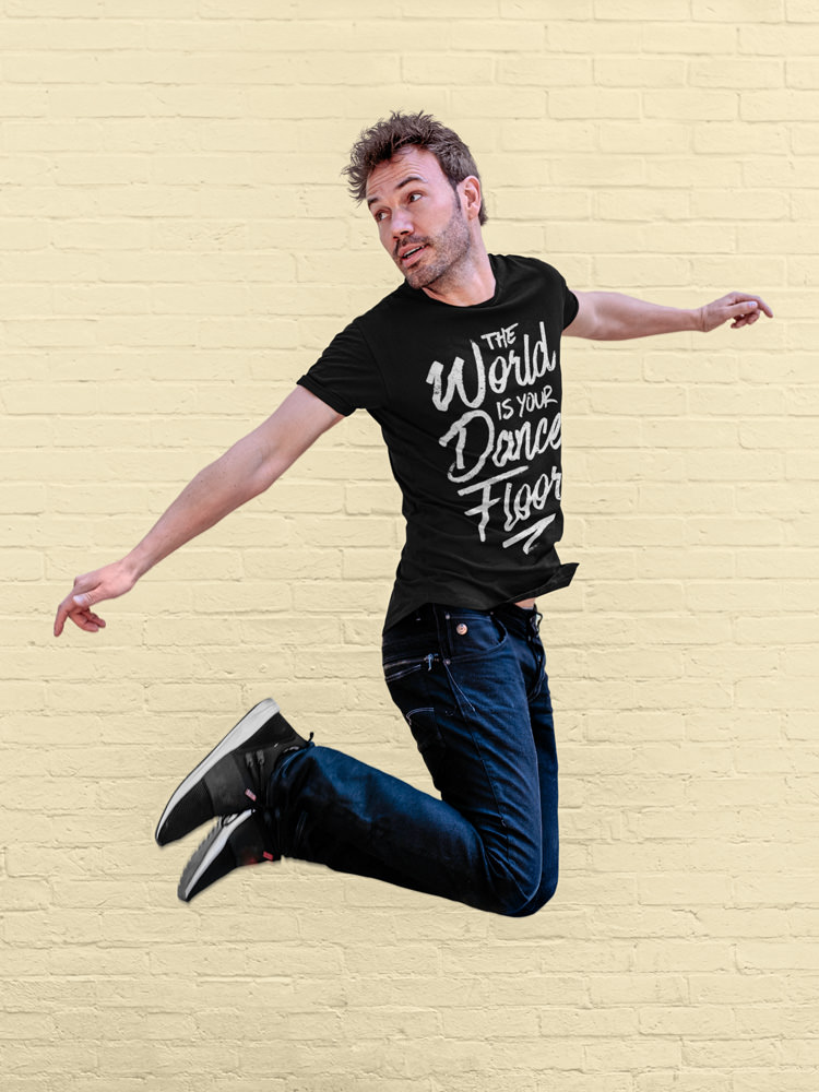 Mens T shirt The World Is Your Dance Floor FPO Model LifeStyle Black Front 3